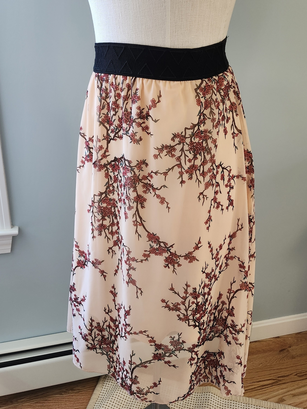 Floral Cherry Blossom Pink A-Line Midi Skirt with Black Waistband Small